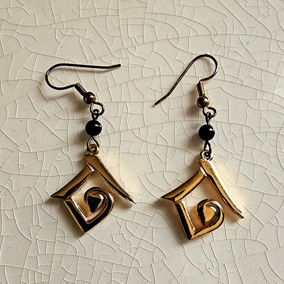 Unicef signed abstract geometric triangle swirl Egyptian revival dangle earrings - Picture 5 of 12